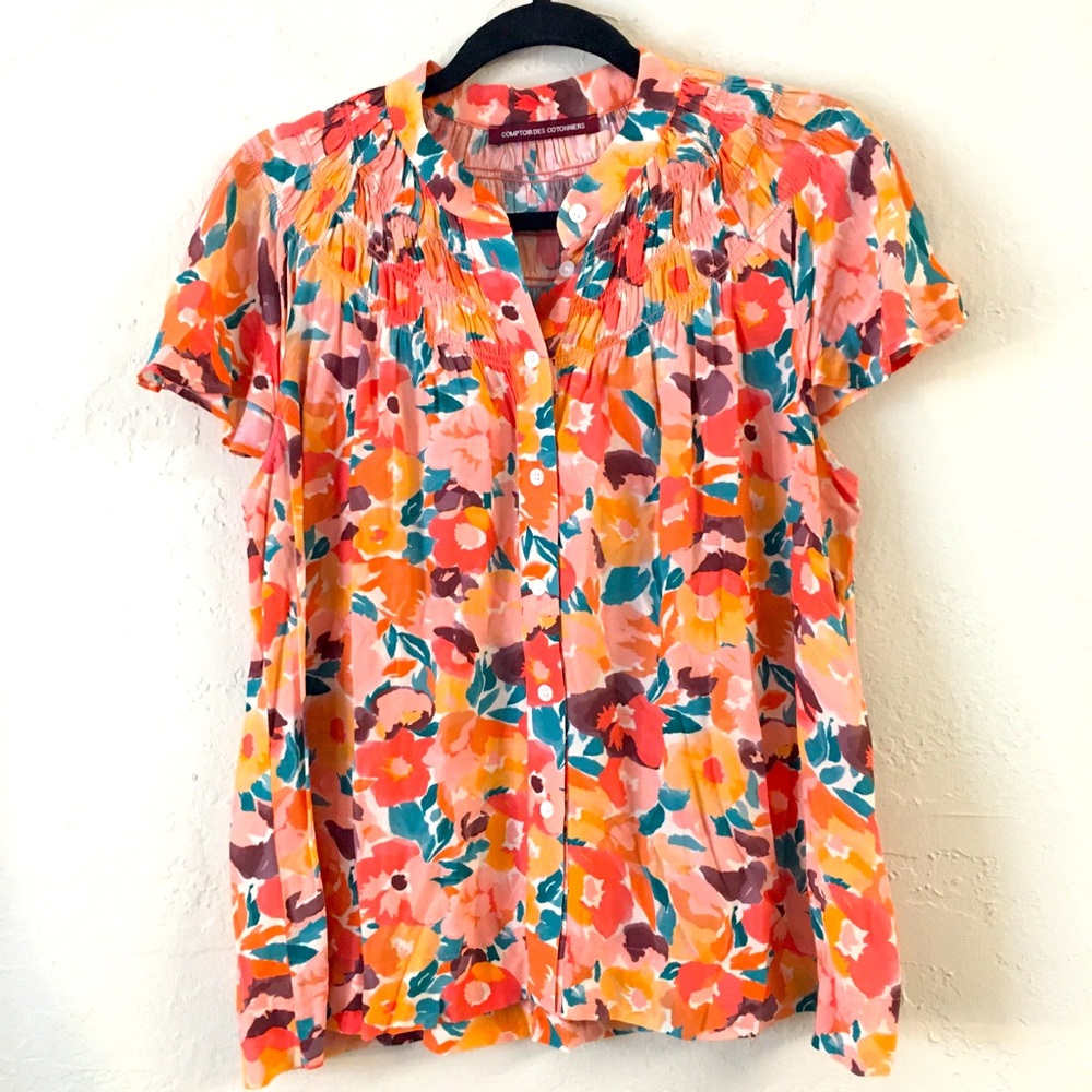 Comptoir Des Cotonniers  Floral Button Down Short Sleeve Blouse Large Orange